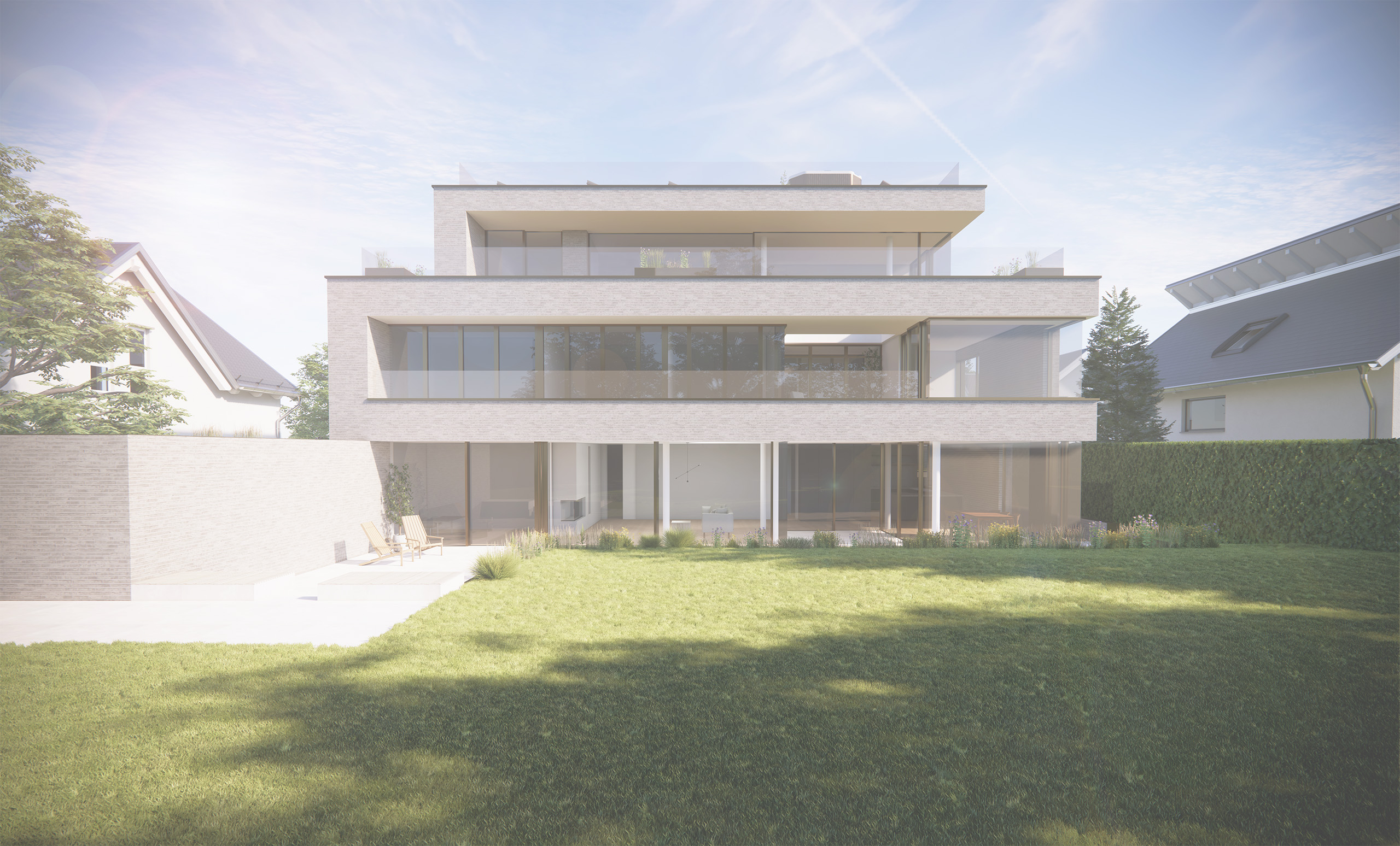 Modernes Einfamilienhaus mit großen Glasflächen und Garten
