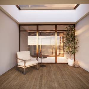 Überdachte Loggia mit Sitzplatz und Glasfront