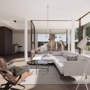 Heller Wohnbereich mit Glasfront, Sofa und offenem Grundriss