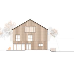 Südansicht des Neubaus mit Holzfassade und großen Fenstern