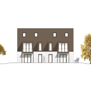 Südansicht eines Doppelhauses mit dunklem Dachgeschoss