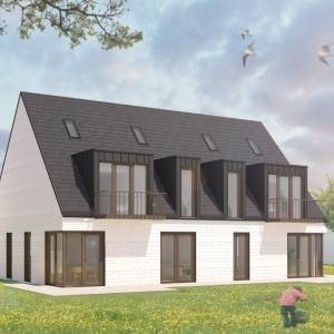 Perspektive eines modernen Friesenhauses mit Garten