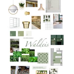 Moodboard mit Materialien, Farben und Pflanzen für die Eisdiele